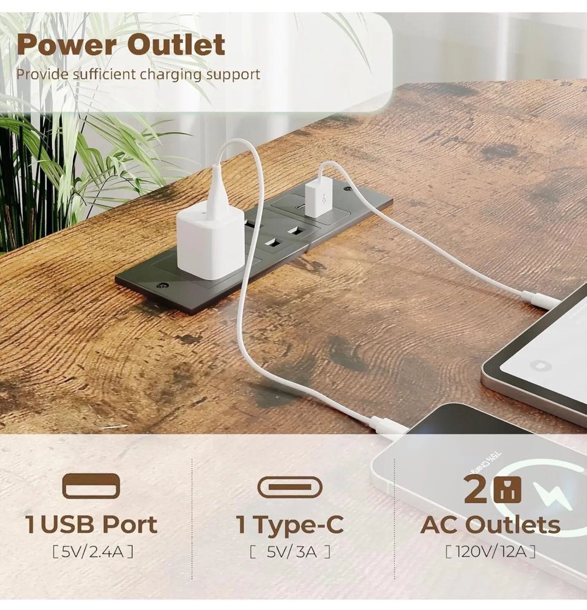 Computer Desk with Power Outlets & LED Strip, 50.8 - Image 3