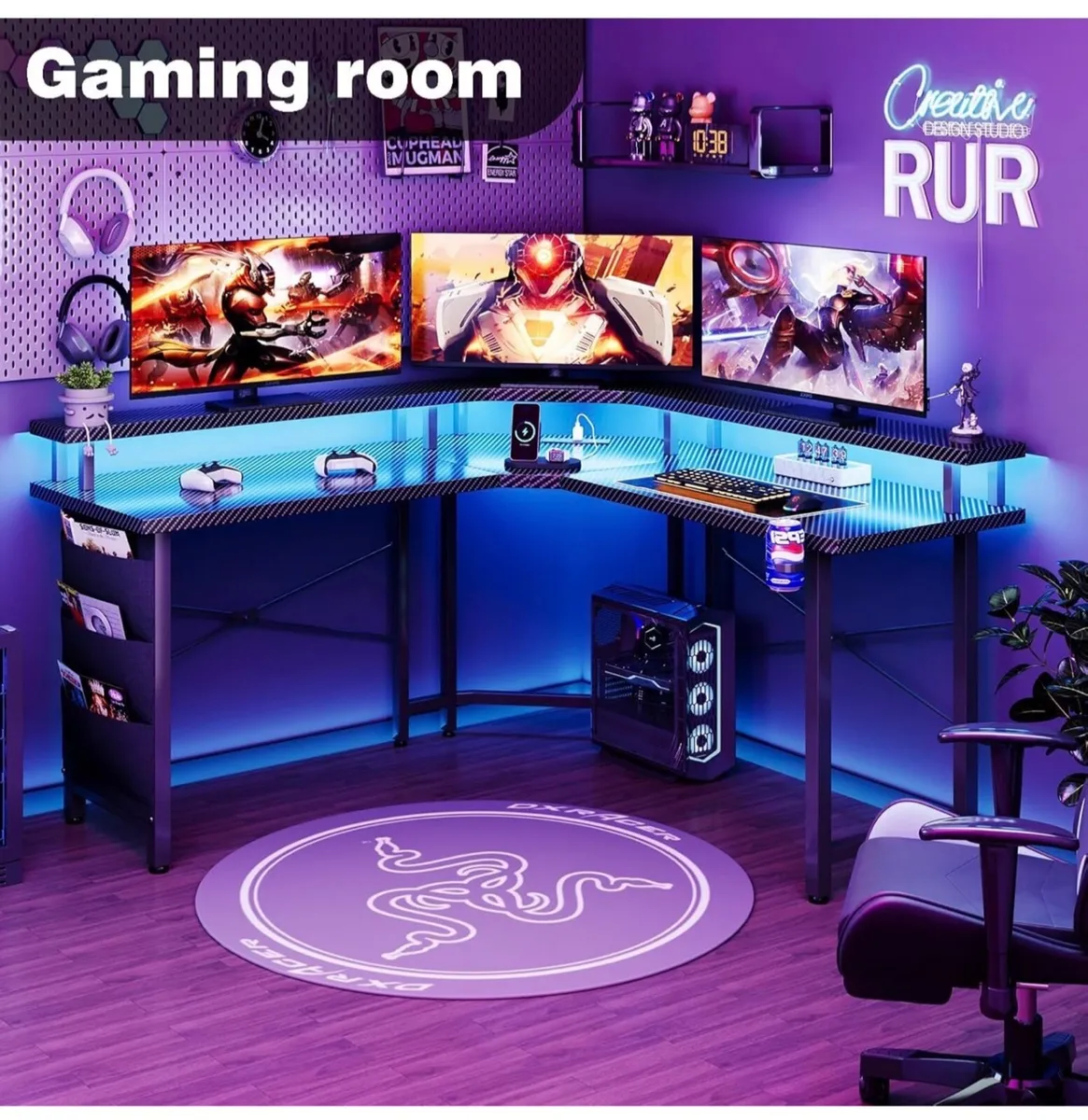 Computer Desk with Power Outlets & LED Strip,50.8" - Image 3