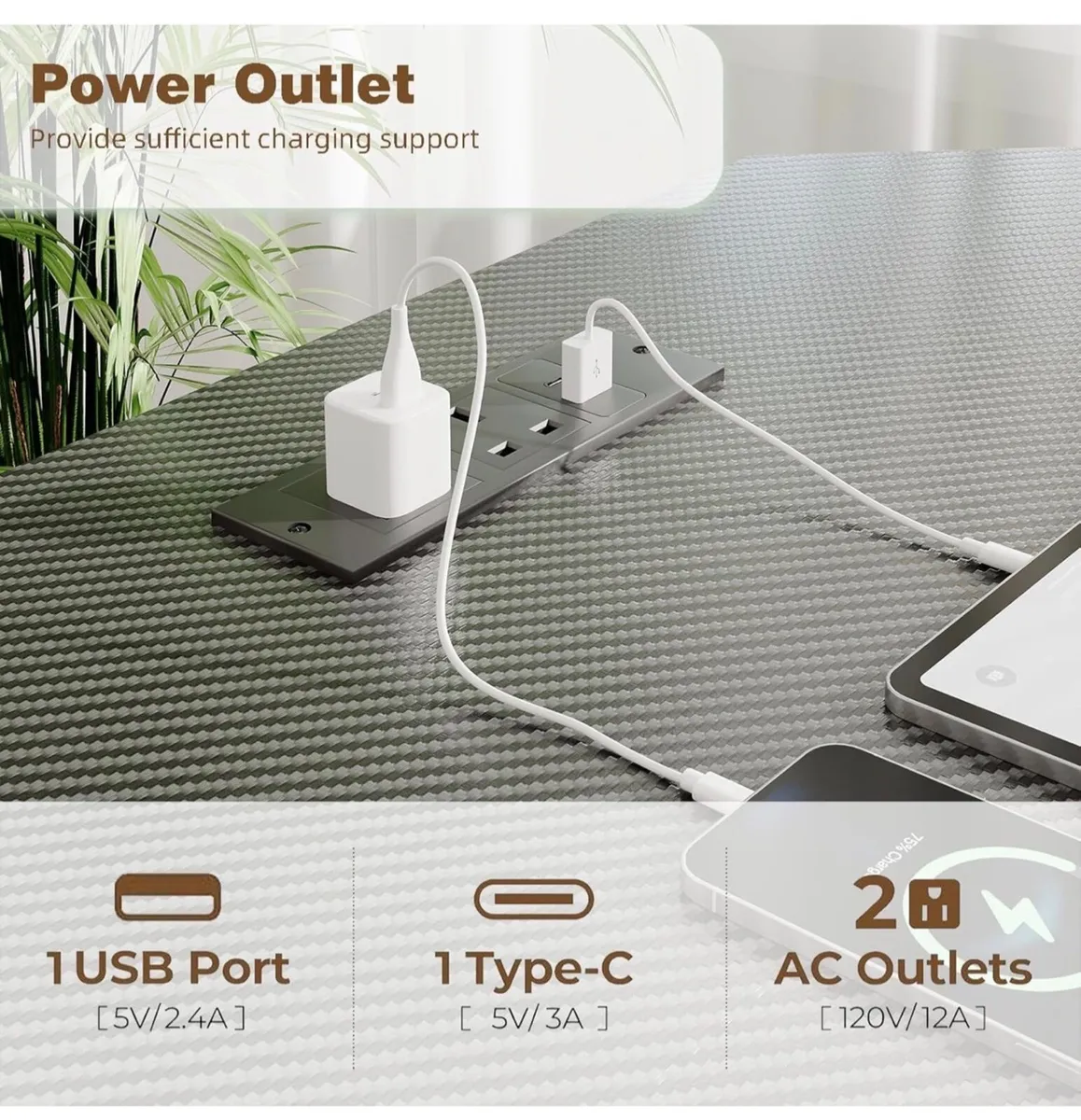 Computer Desk with Power Outlets & LED Strip,50.8" - Image 2