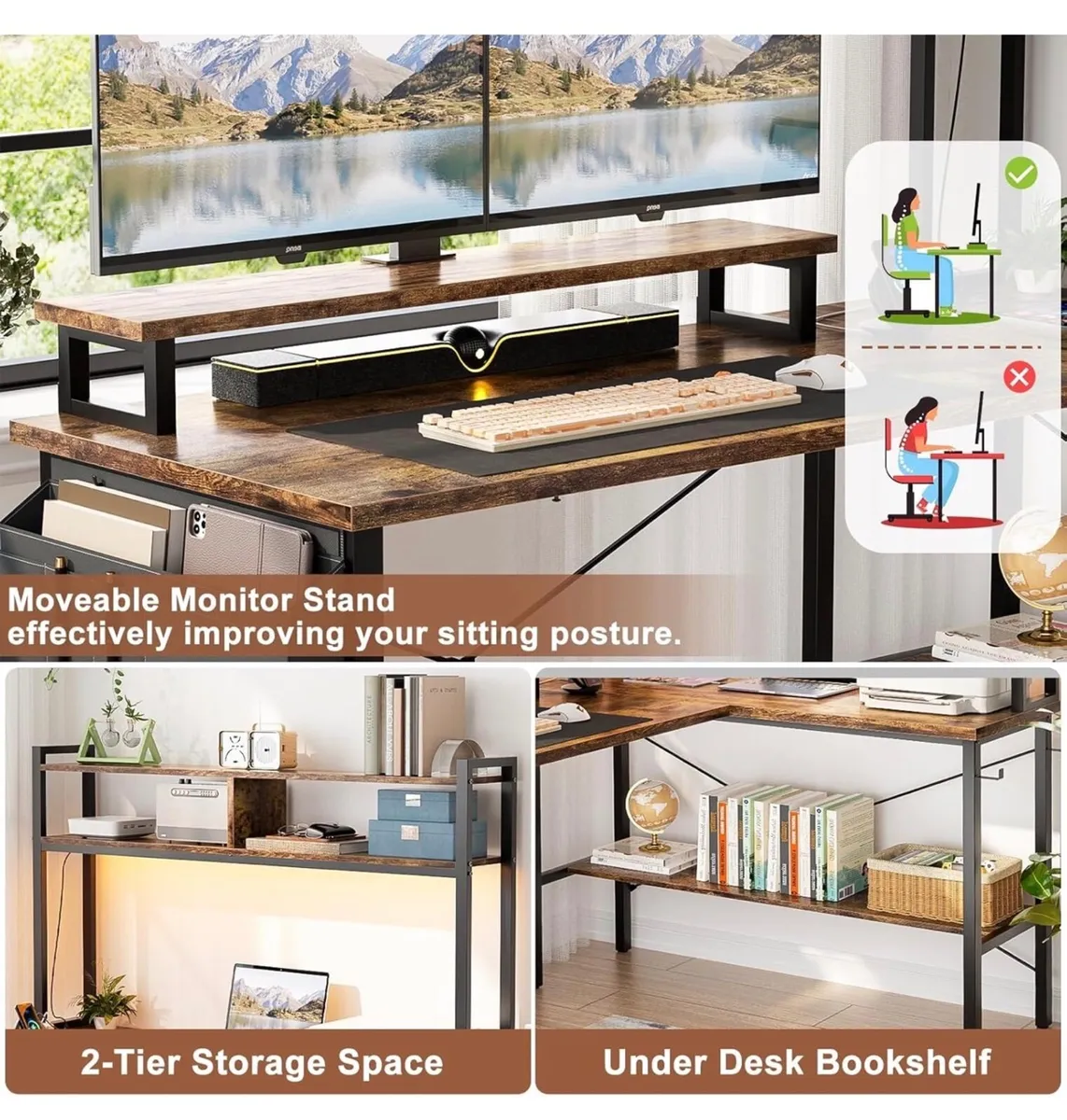 L Shaped Gaming Desk with Power Outlets & LED Ligh - Image 3