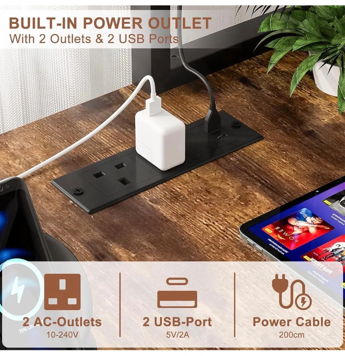 L Shaped Gaming Desk with Power Outlets & LED Ligh - Image 4