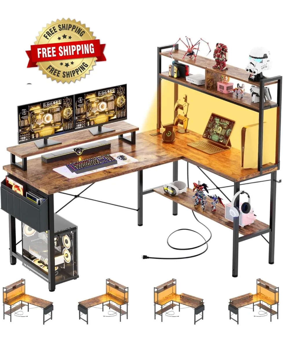 L Shaped Gaming Desk with Power Outlets & LED Ligh - Image 1