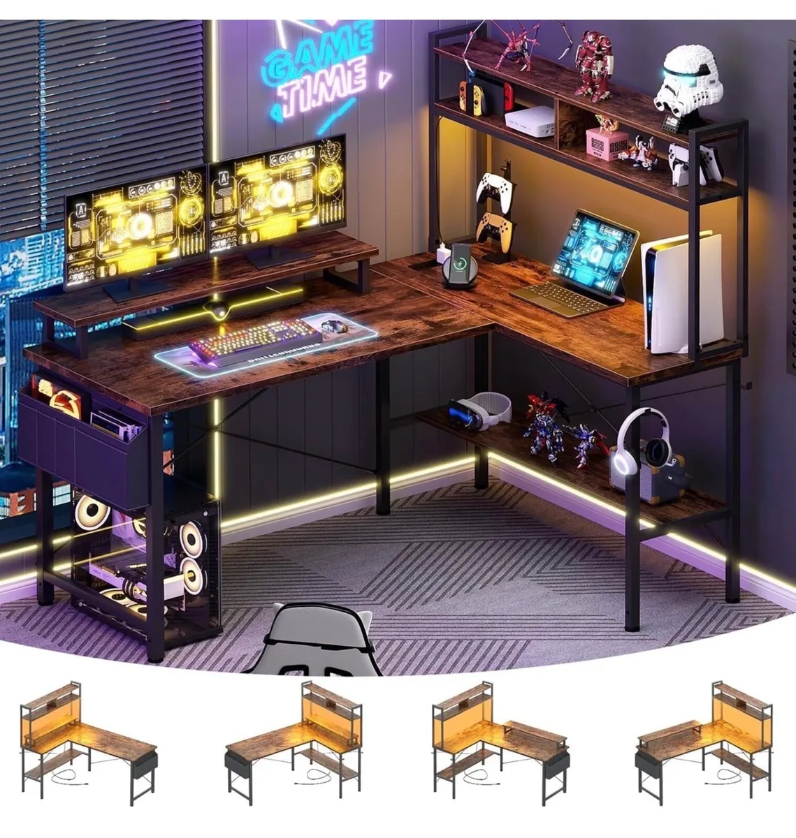 L Shaped Gaming Desk with Power Outlets & LED Ligh - Image 1