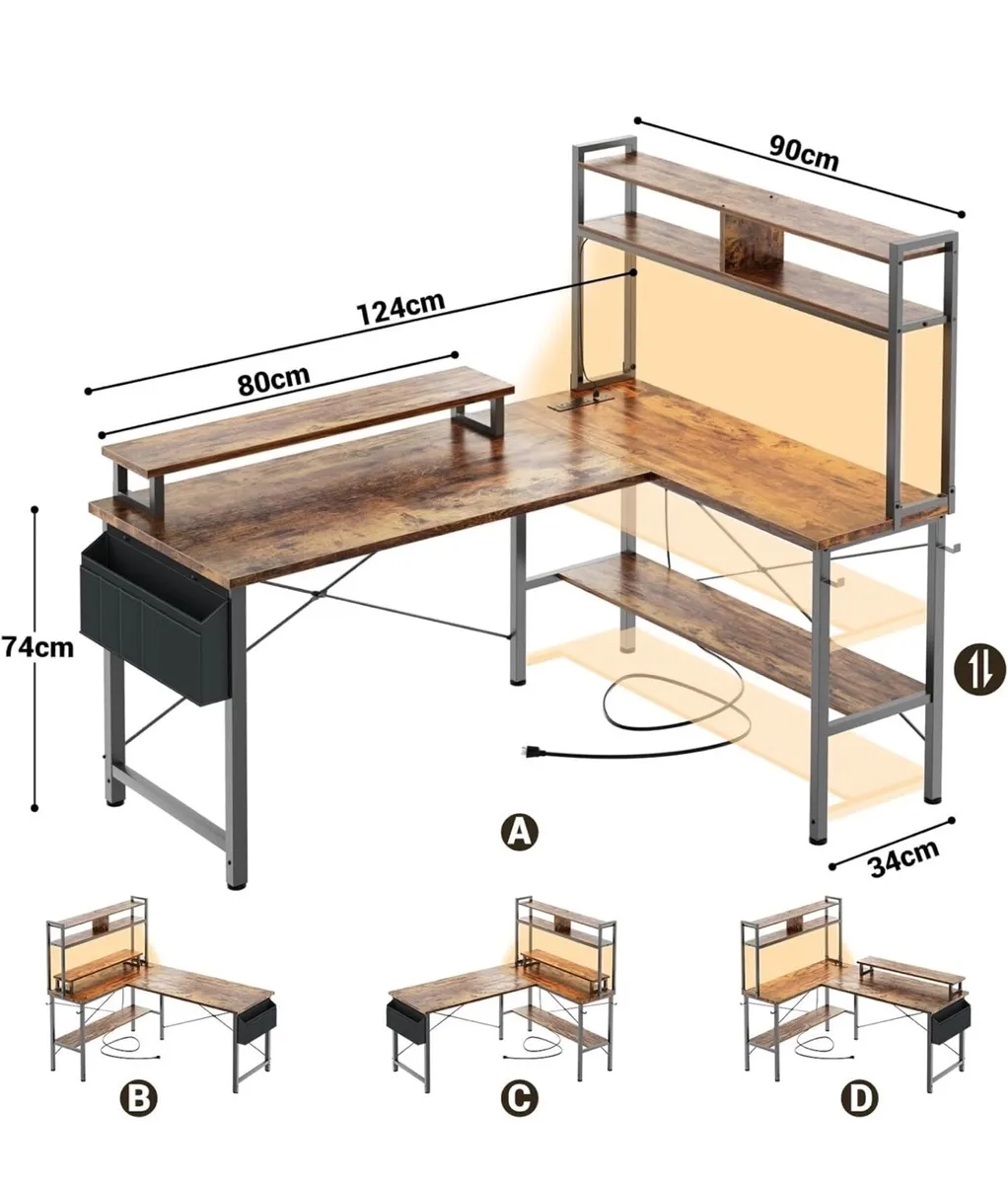 L Shaped Gaming Desk with Power Outlets & LED Ligh - Image 4