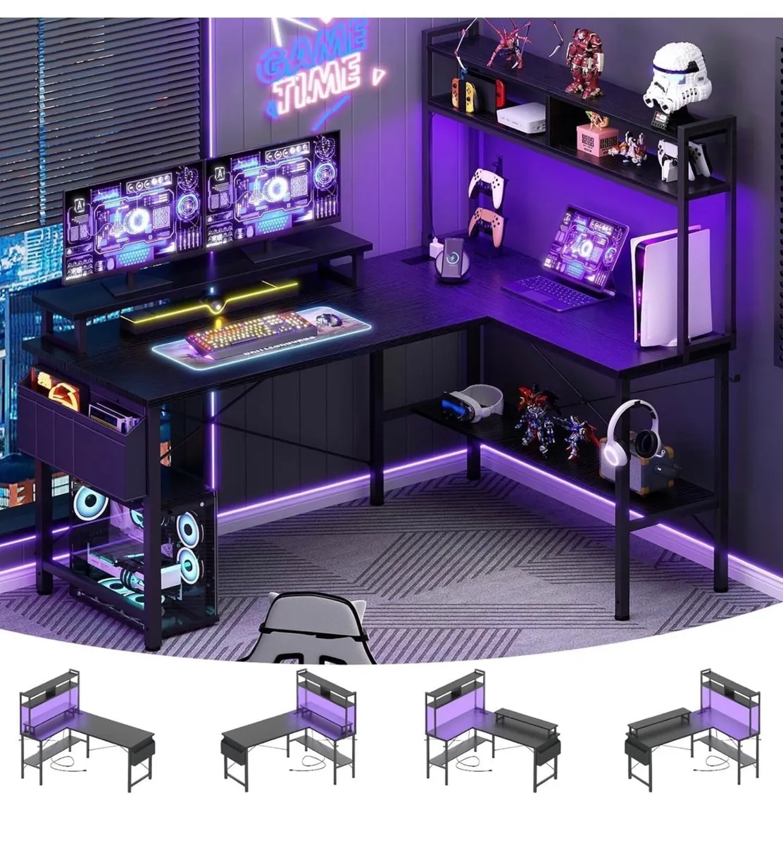 L Shaped Gaming Desk with Power Outlets & LED Ligh - Image 3