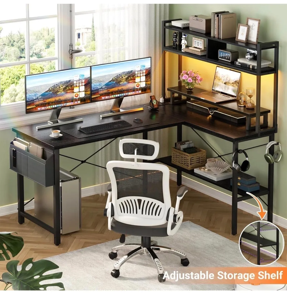 L Shaped Gaming Desk with Power Outlets & LED Ligh - Image 4