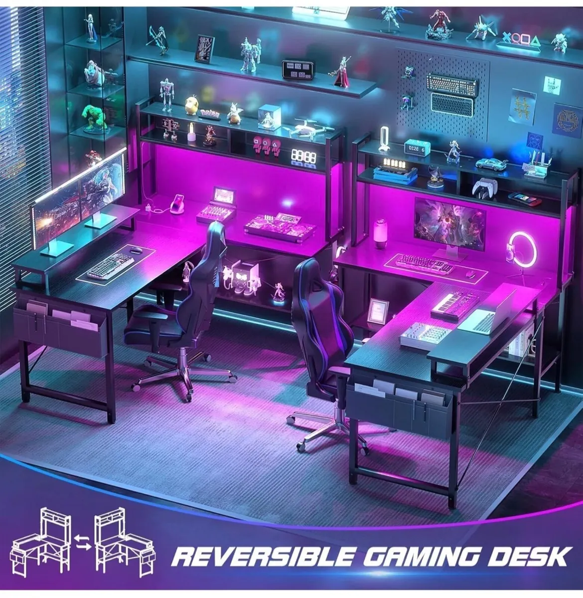 L Shaped Gaming Desk with Power Outlets & LED Ligh - Image 2