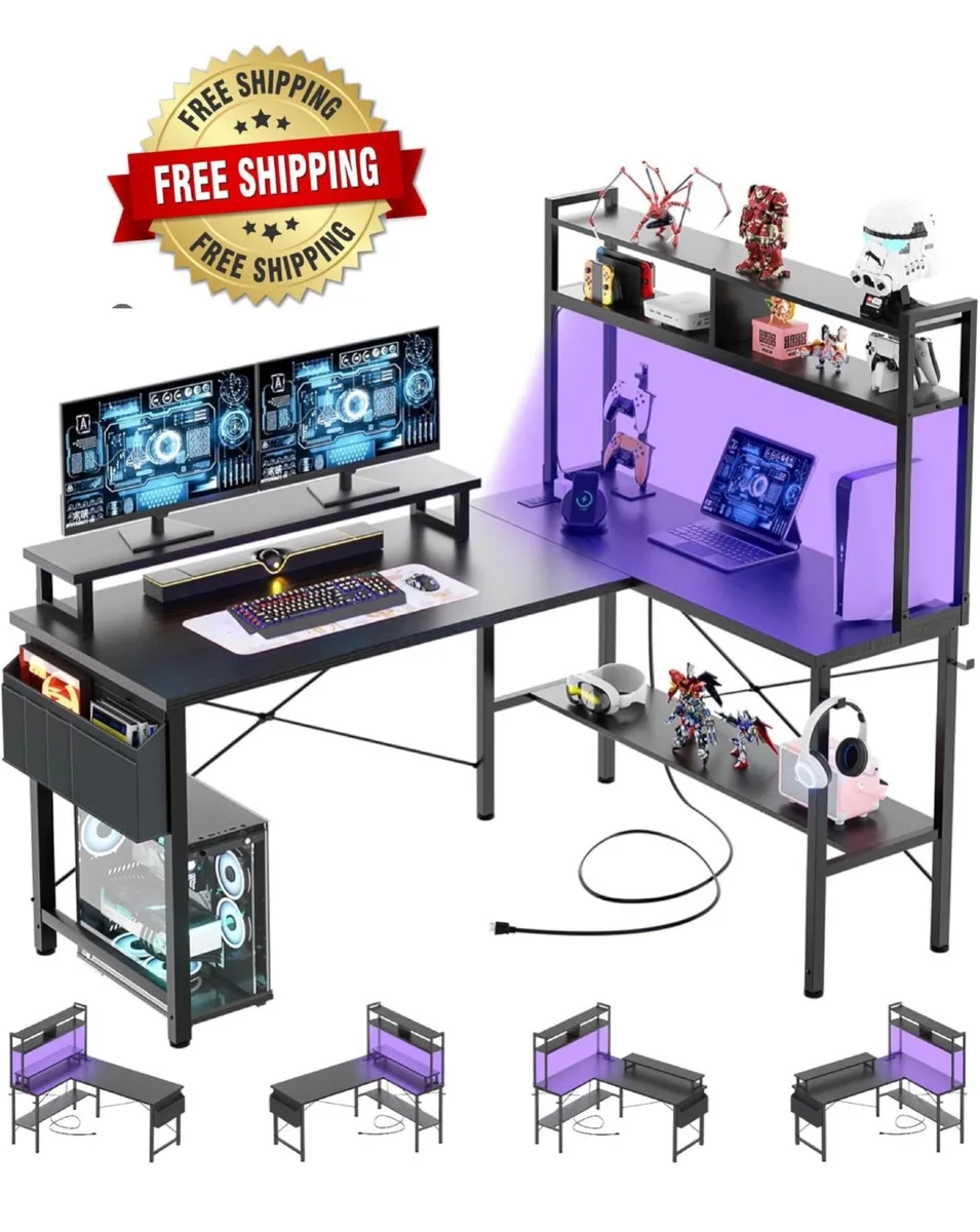 L Shaped Gaming Desk with Power Outlets & LED Ligh - Image 1