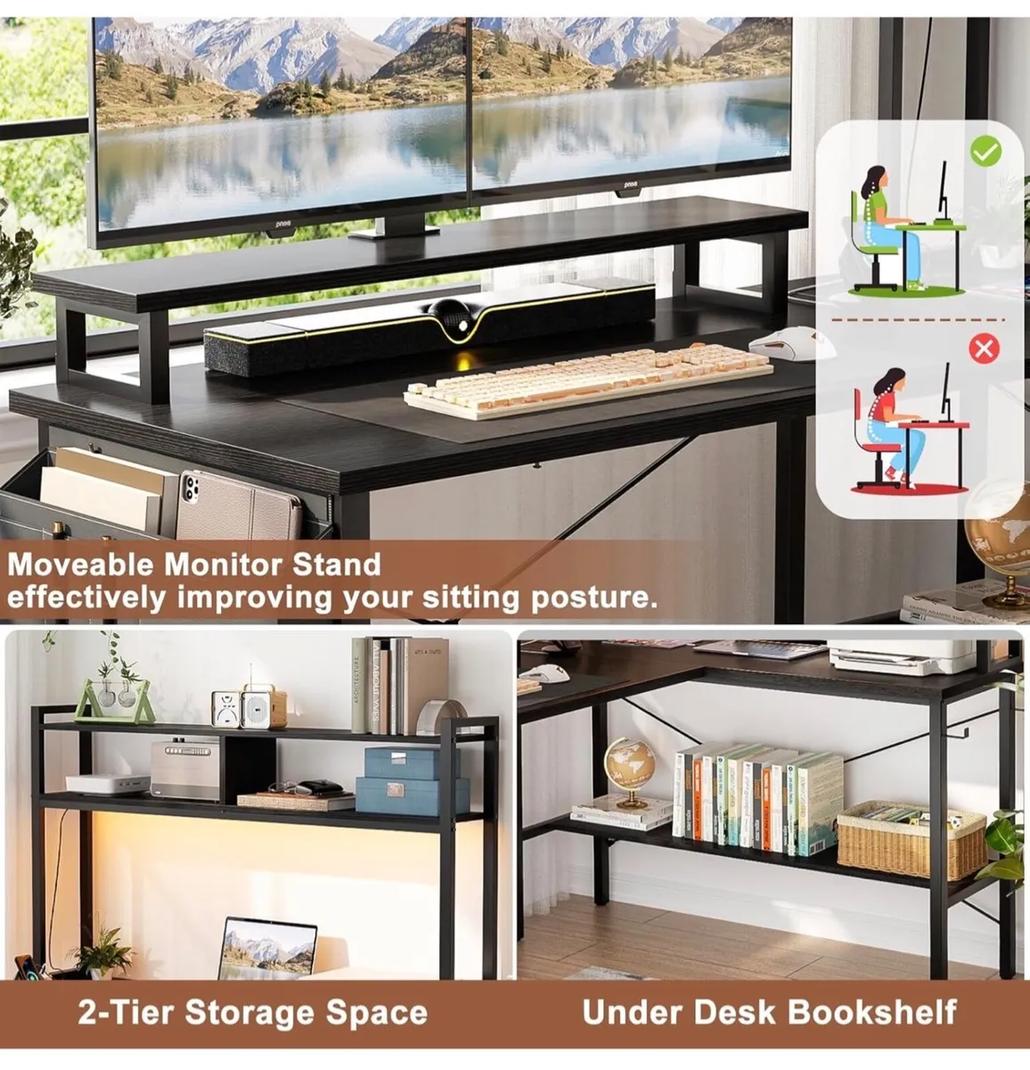 L Shaped Gaming Desk with Power Outlets & LED Ligh - Image 4