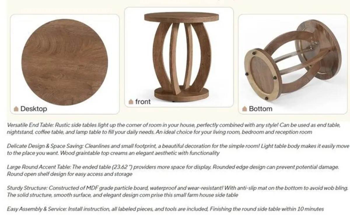 Rustic Round Wooden Side Table Versatile Accent Ta - Image 2