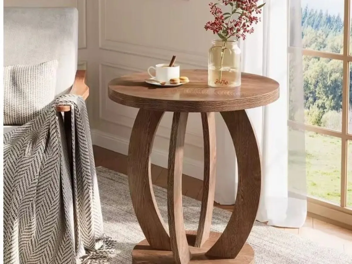 Rustic Round Wooden Side Table Versatile Accent Ta - Image 1