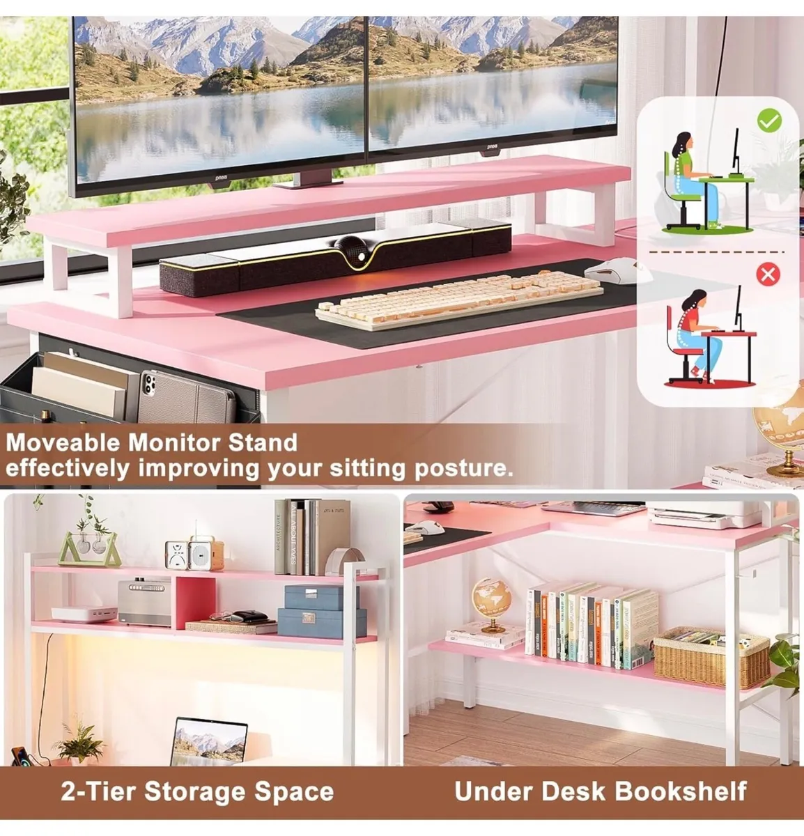 L Shaped Gaming Desk with Power Outlets & LED Ligh - Image 4