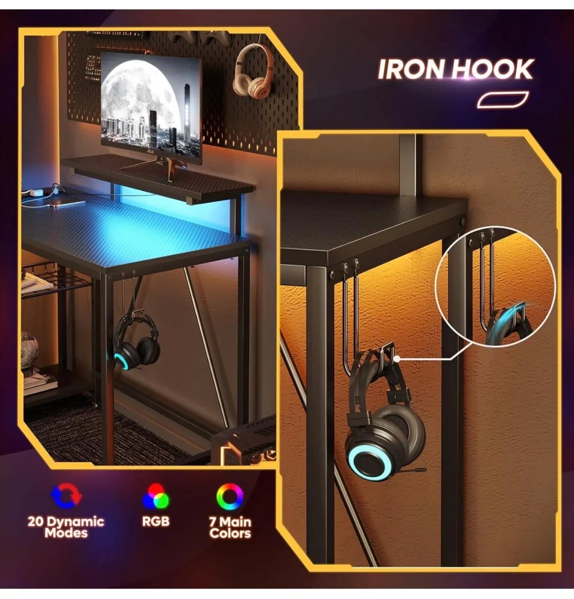 106.5CM L-Shaped Gaming Desk with RGB LED Lights C - Image 3