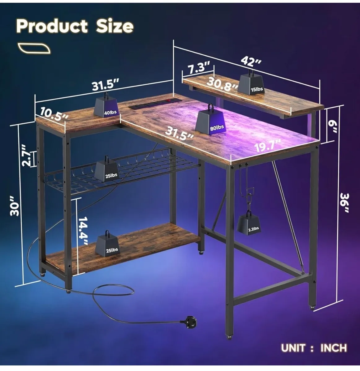 106.5CM L-Shaped Desk with 3 Power Outlets, 2 USB - Image 2