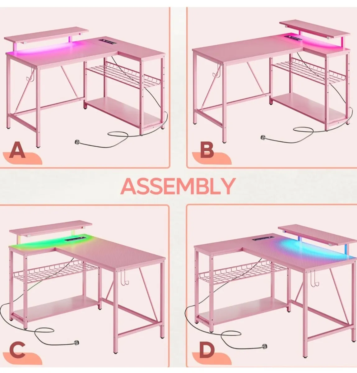 106.5CM L-Shaped Desk with Power Outlets & LED Lig - Image 2