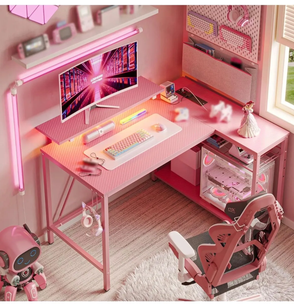 106.5CM L-Shaped Desk with Power Outlets & LED Lig - Image 3