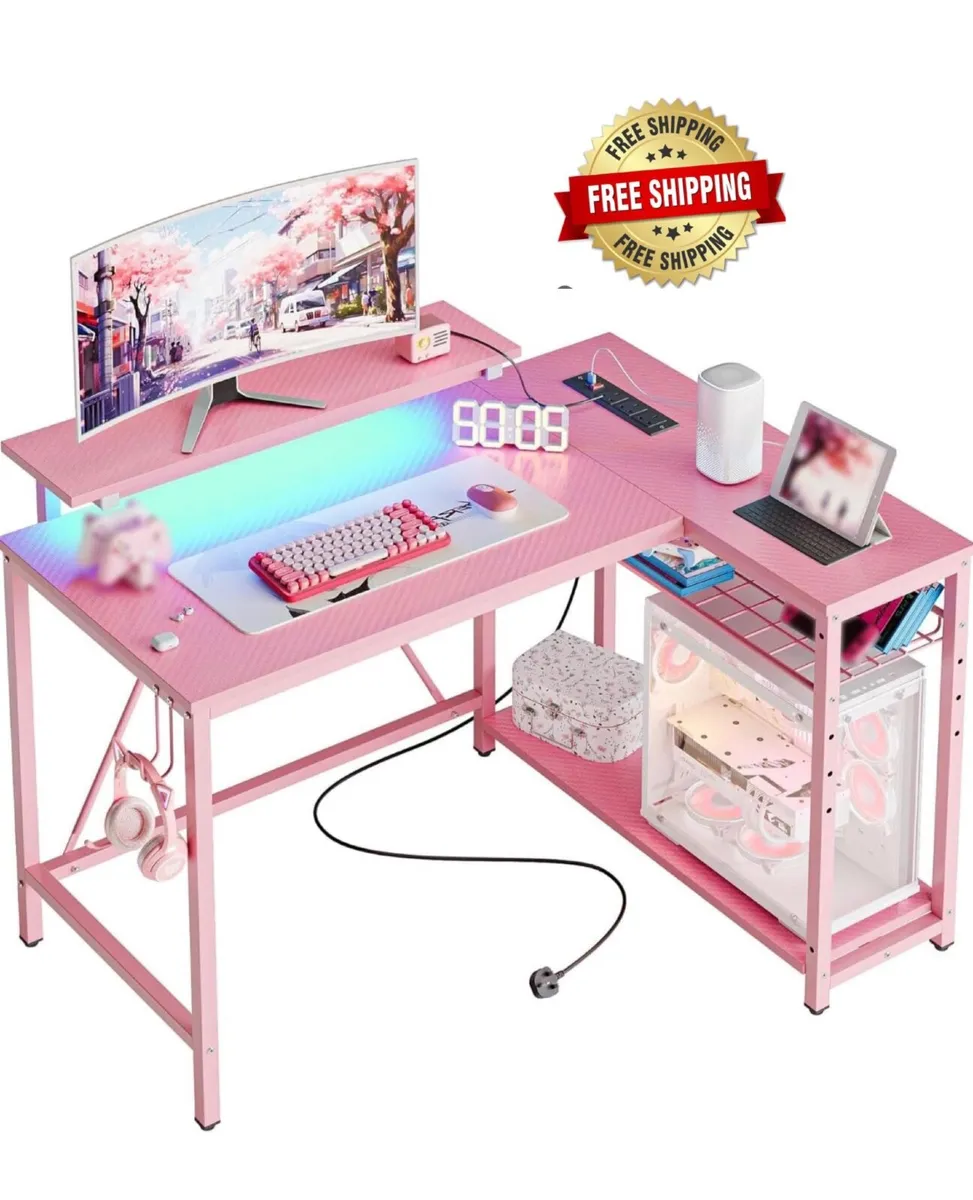 106.5CM L-Shaped Desk with Power Outlets & LED Lig - Image 1