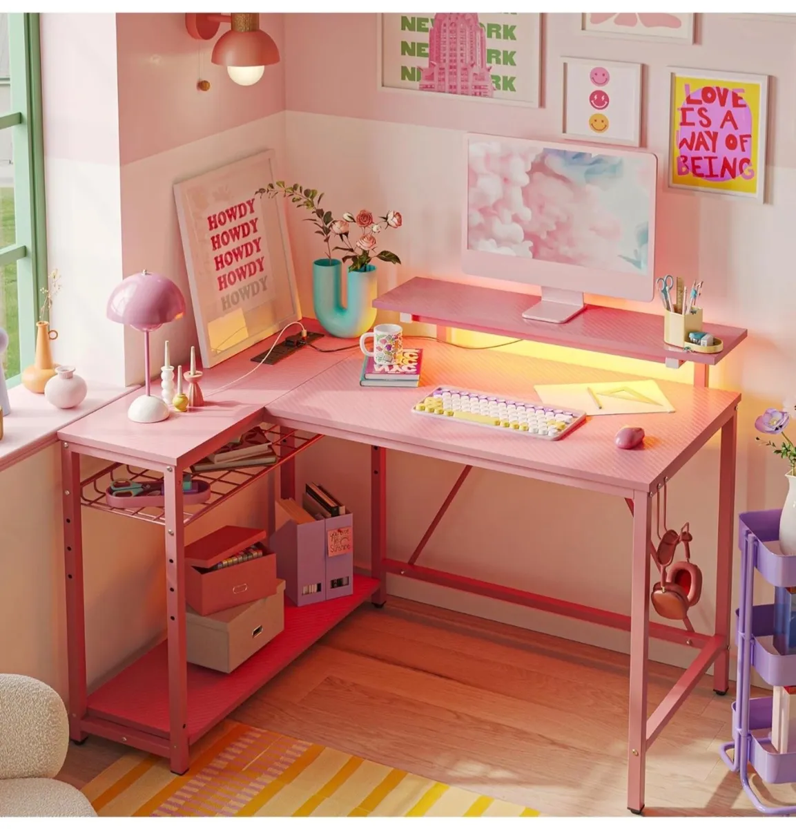 106.5CM L-Shaped Desk with Power Outlets & LED Lig - Image 2