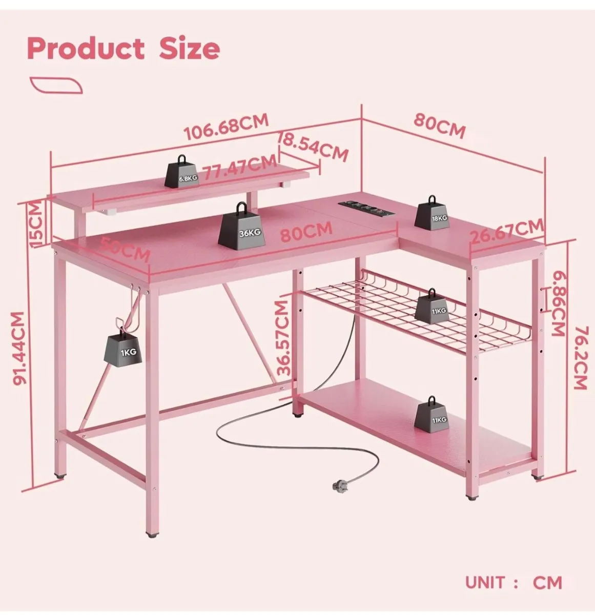 106.5CM L-Shaped Desk with Power Outlets & LED Lig - Image 3