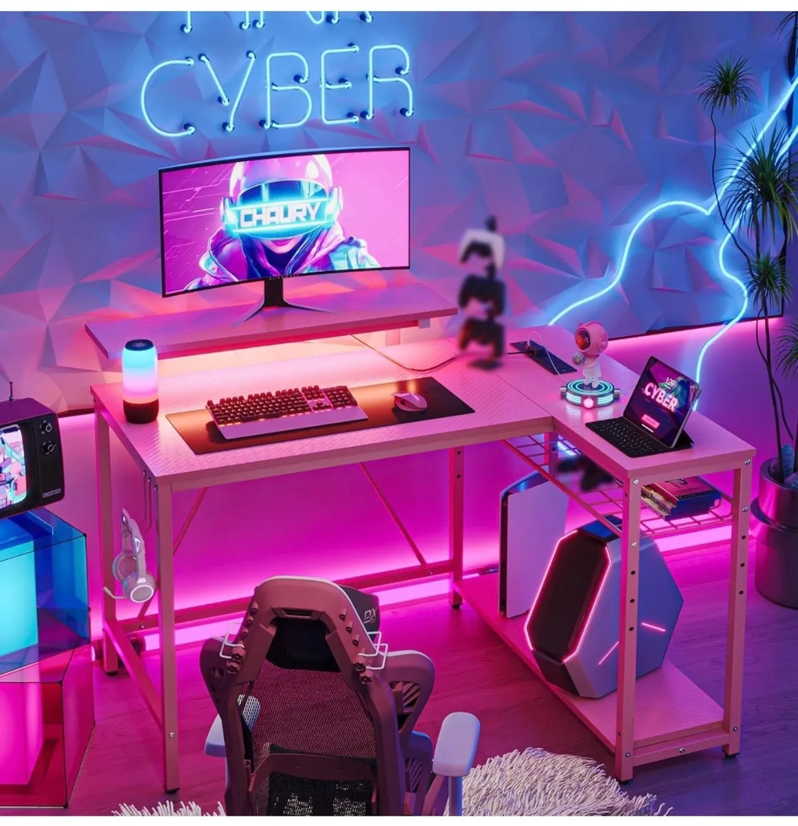106.5CM L-Shaped Desk with Power Outlets & LED Lig - Image 4