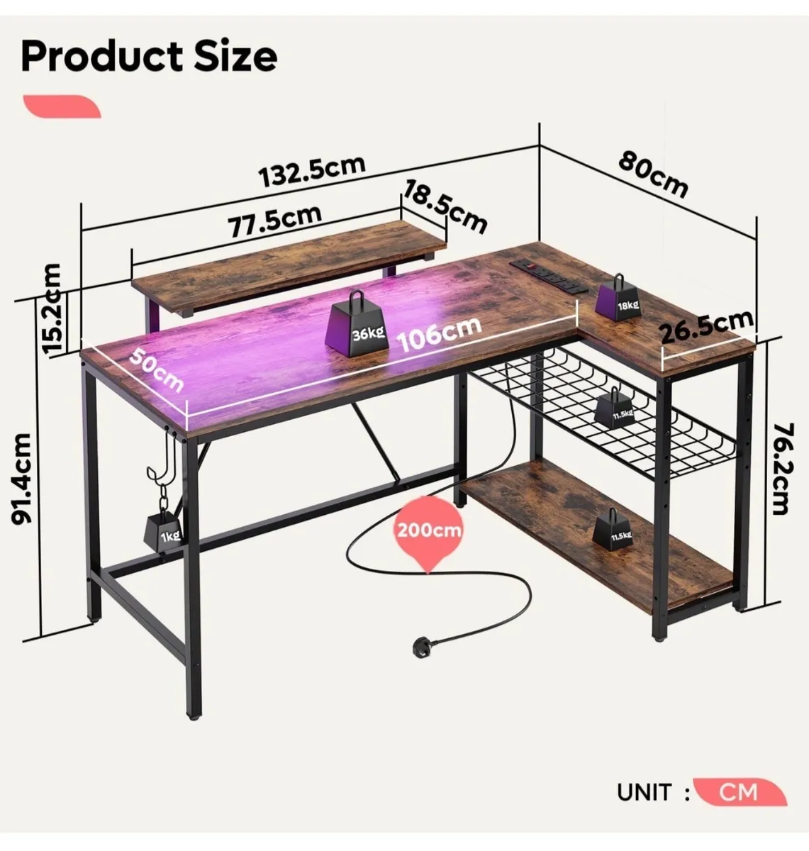132.5CM L-Shaped Desk with 3 Power Outlets & 2 USB - Image 4