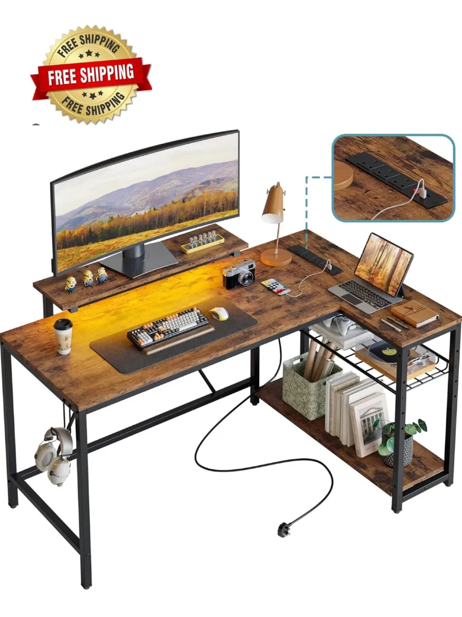 132.5CM L-Shaped Desk with 3 Power Outlets & 2 USB - Image 1