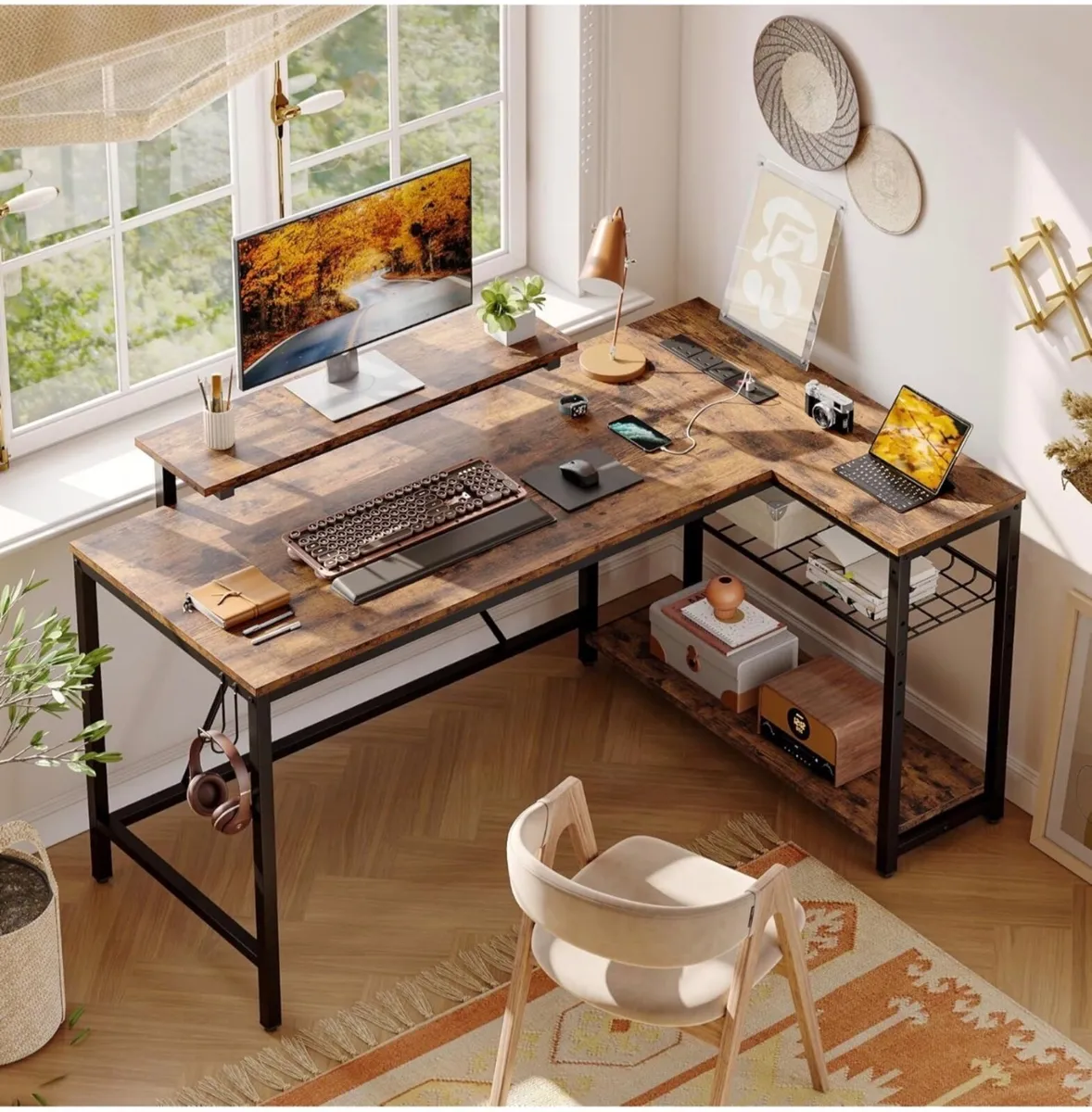 132.5CM L-Shaped Desk with 3 Power Outlets & 2 USB - Image 1