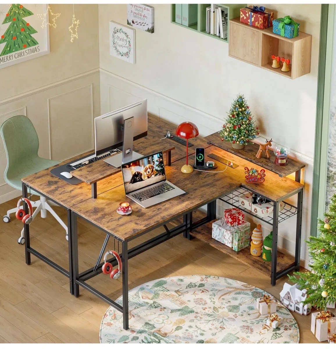 132.5CM L-Shaped Desk with 3 Power Outlets & 2 USB - Image 2