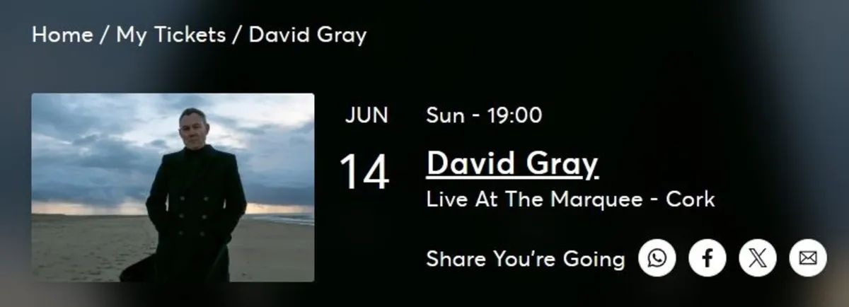 David Gray Tickets x2 plus on-site parking. Sun 14