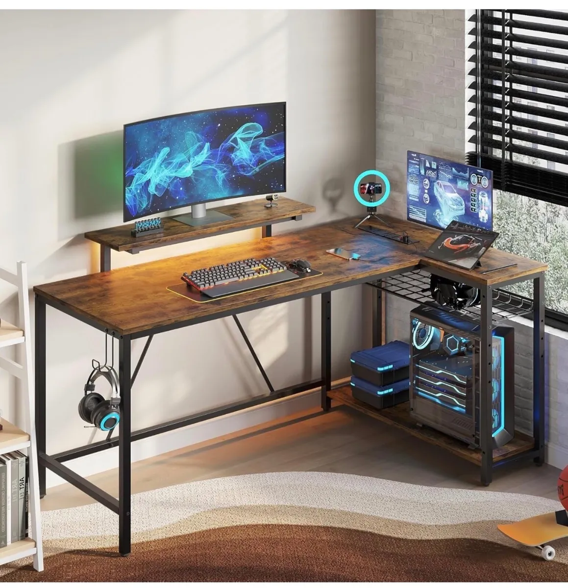 147CM L-Shaped Desk with Power Outlets & LED Light - Image 2
