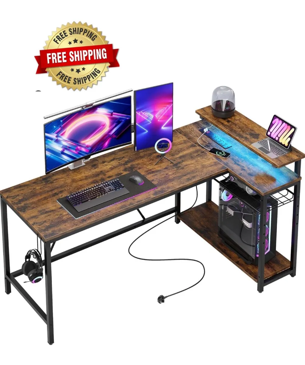 147CM L-Shaped Desk with Power Outlets & LED Light - Image 1
