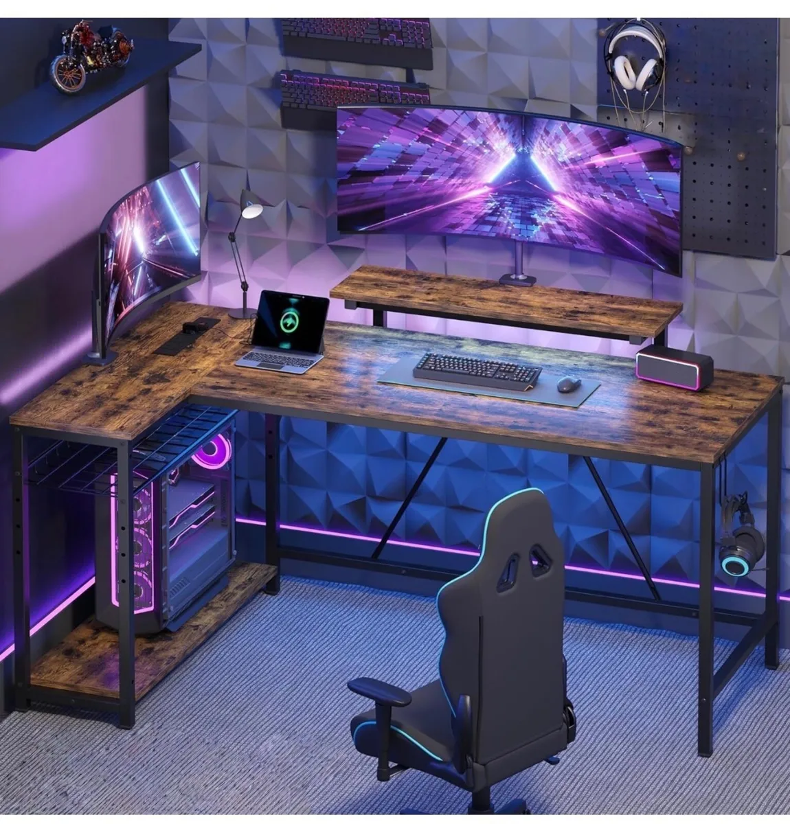 147CM L-Shaped Desk with Power Outlets & LED Light - Image 1
