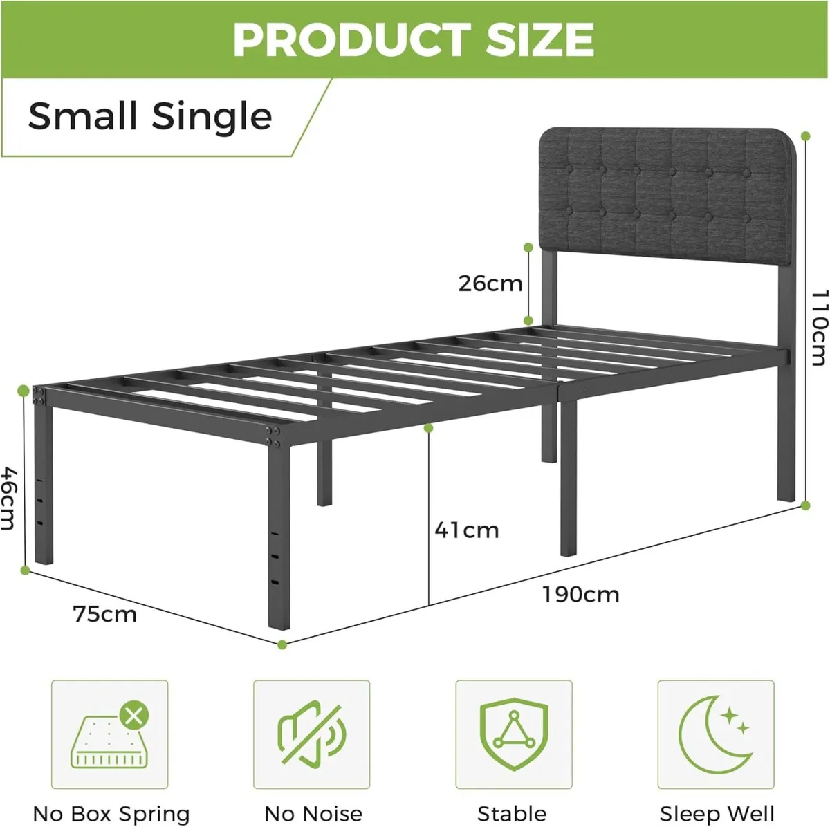 46 cm High Small Single Bed Frame with Upholstered - Image 2
