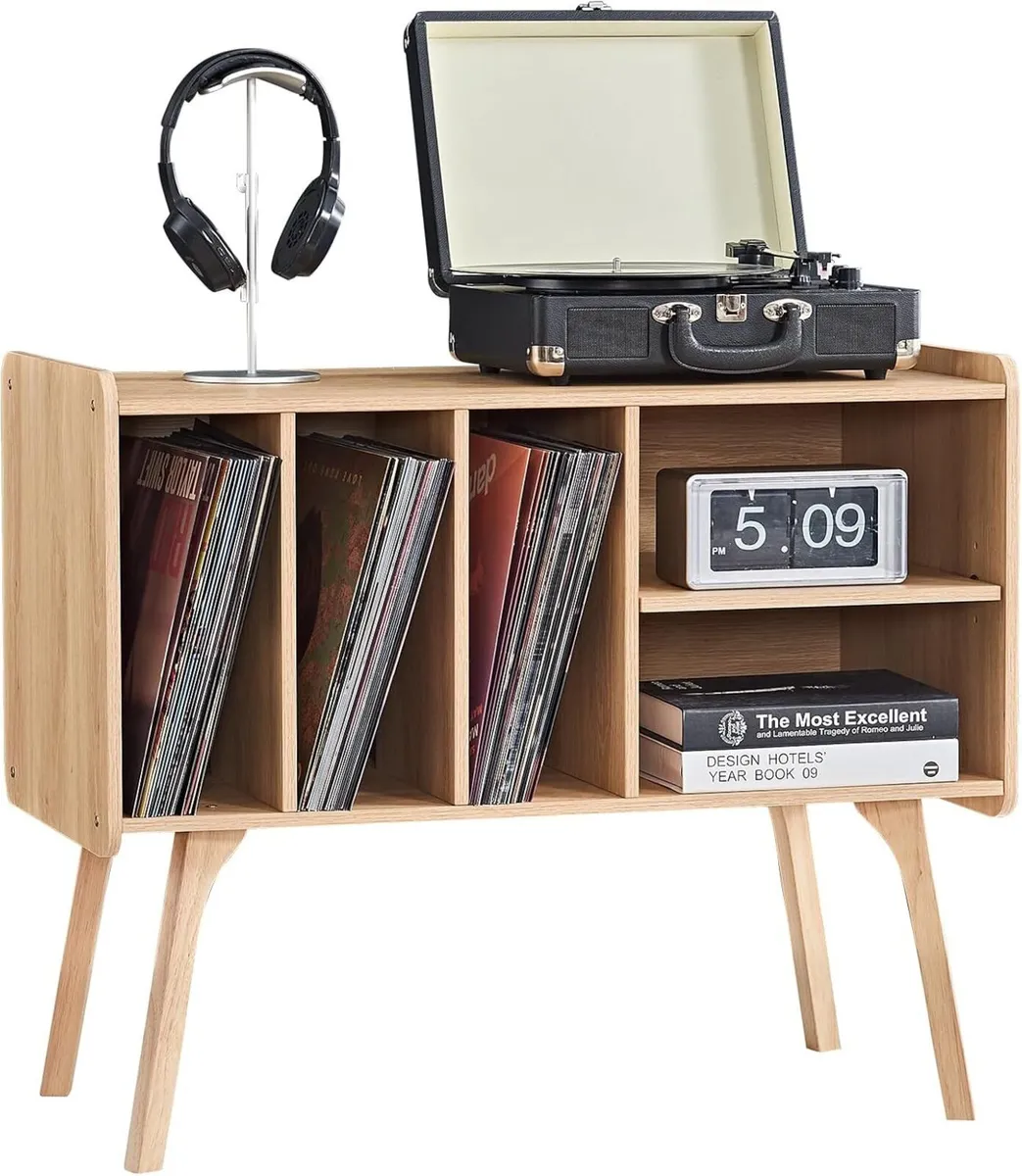Natural Record Player Stand with 4 Cabinet Holds - Image 1