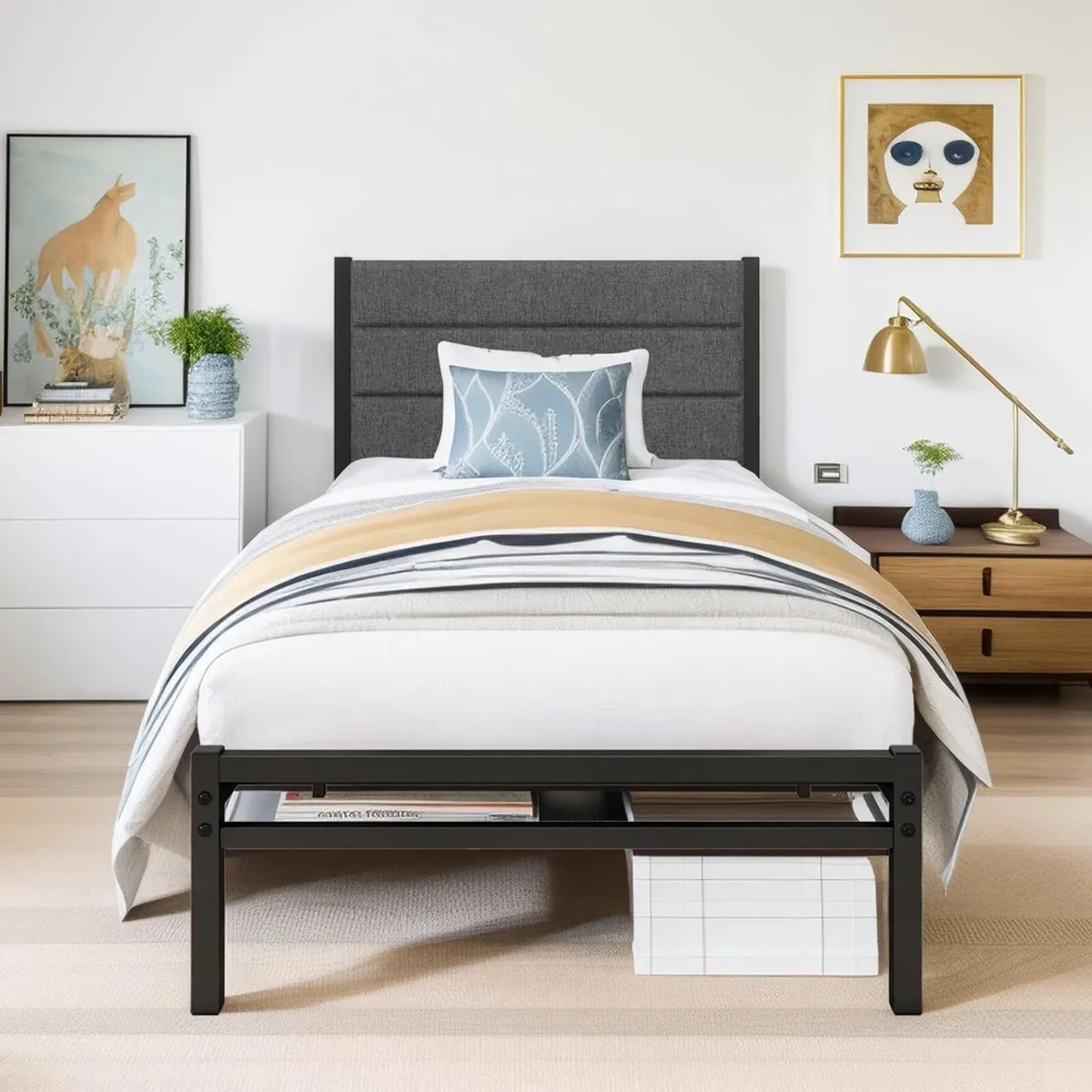 Single Bed Frame with Upholstered Headboard Heavy - Image 4