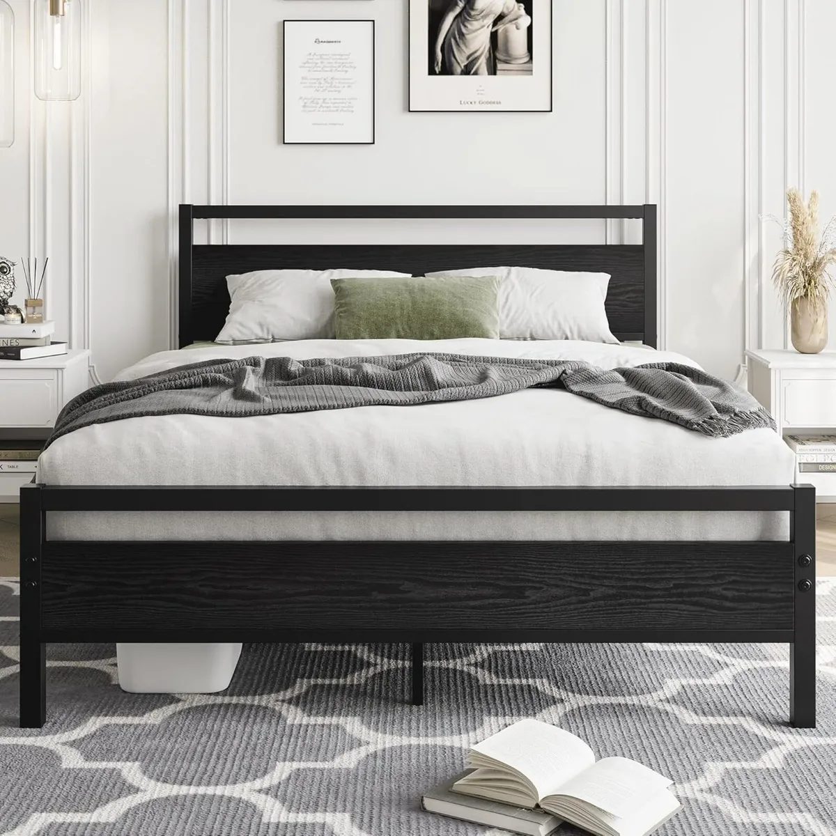 4ft6 Double Bed Frame with Wooden Headboard Heavy - Image 1