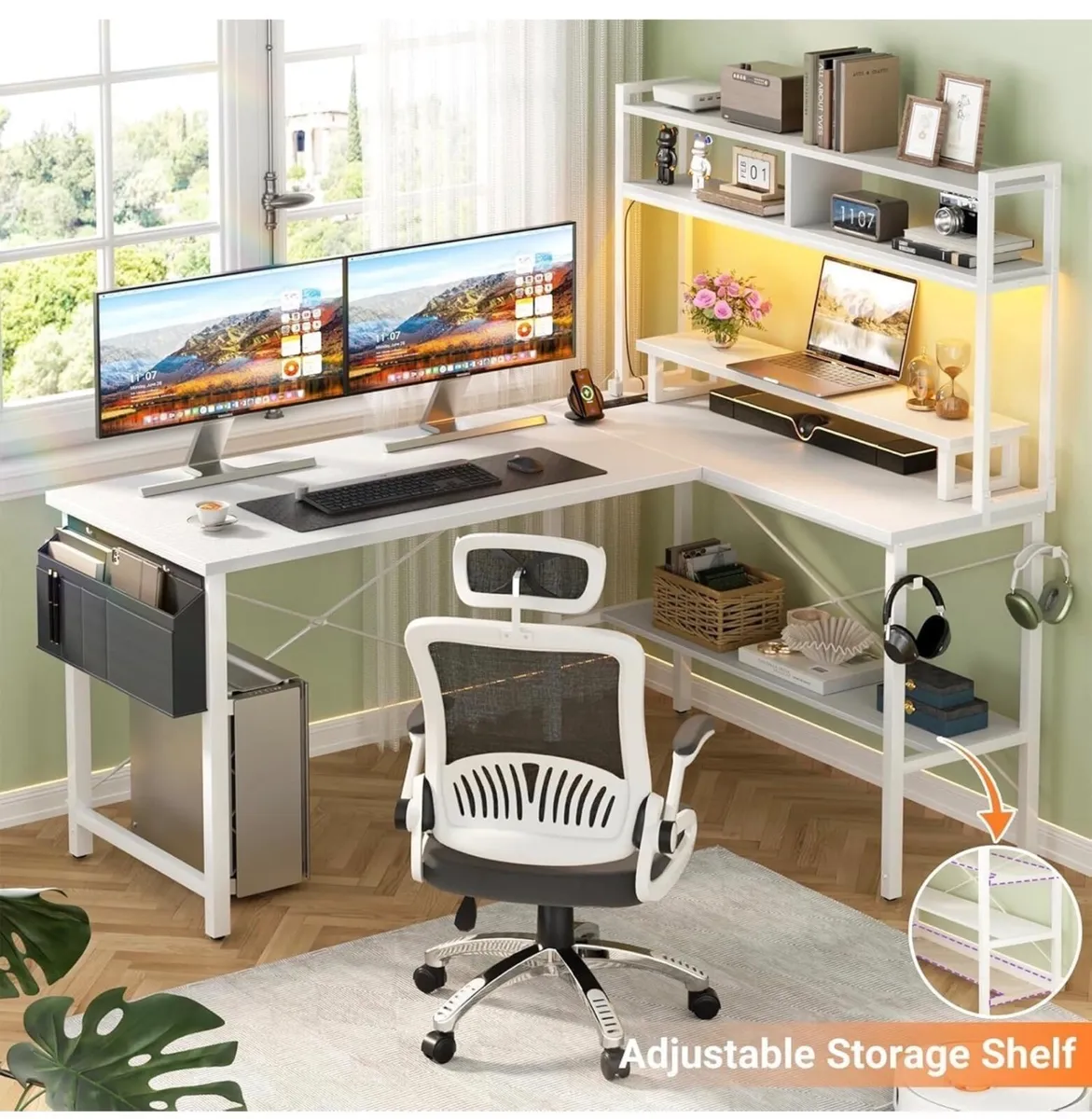 L Shaped Gaming Desk with Power Outlets & LED Lig - Image 3