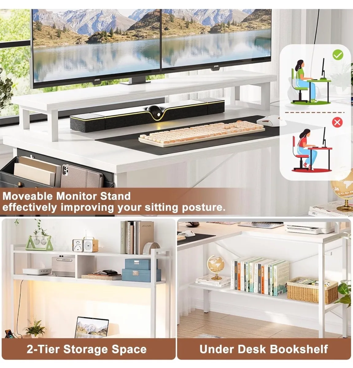 L Shaped Gaming Desk with Power Outlets & LED Lig - Image 4
