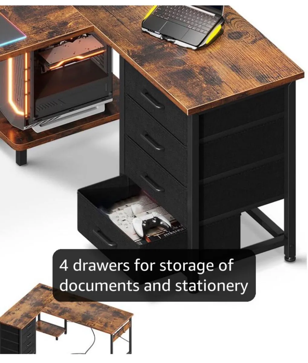 Corner Desk with Drawers, Reversible L Shaped Comp - Image 2