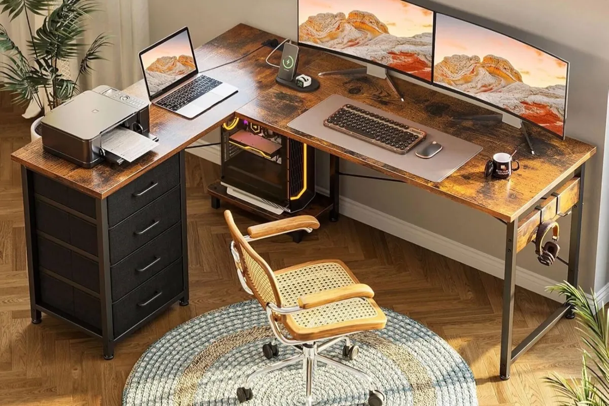 Corner Desk with Drawers, Reversible L Shaped Comp - Image 3