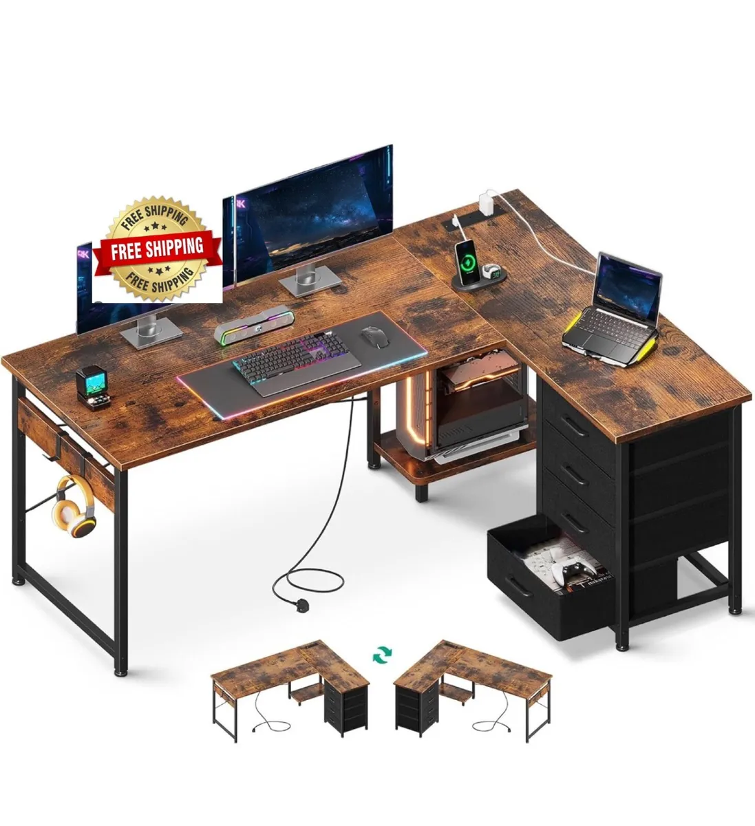 Corner Desk with Drawers, Reversible L Shaped Comp - Image 1