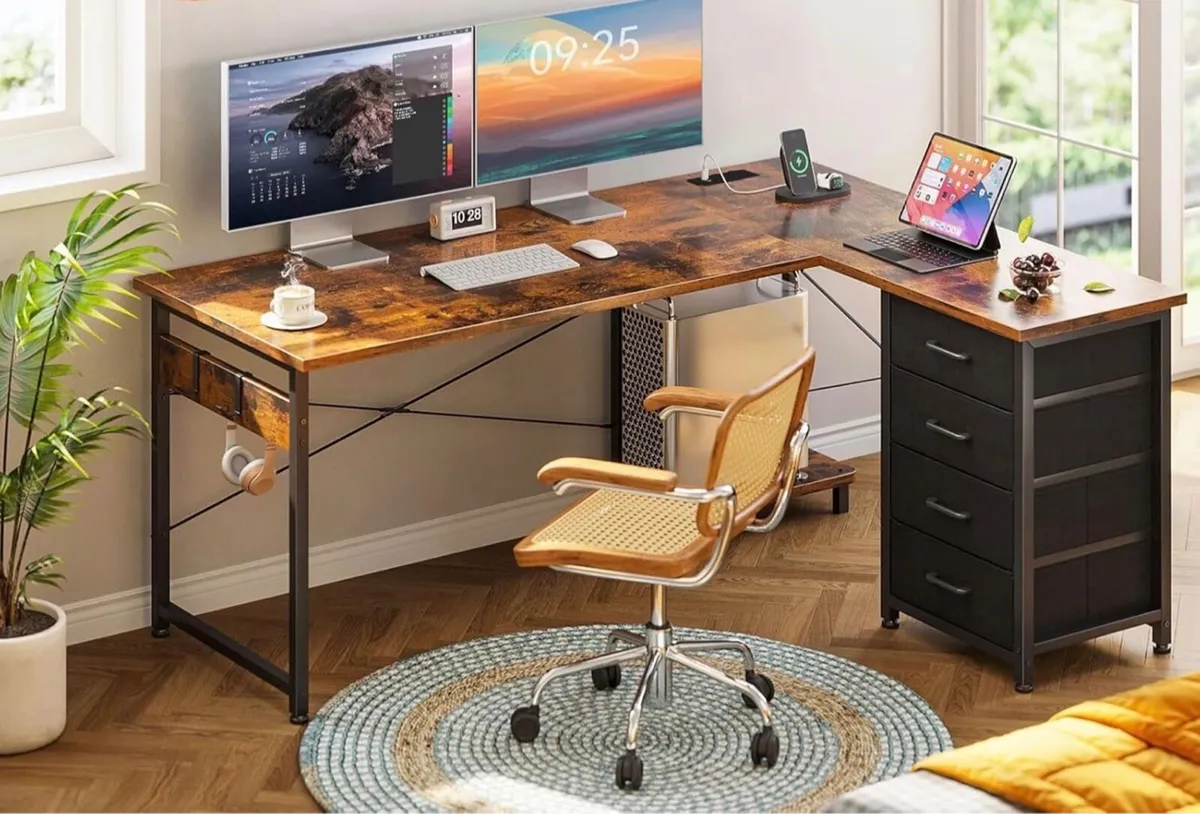 Corner Desk with Drawers, Reversible L Shaped Comp - Image 1