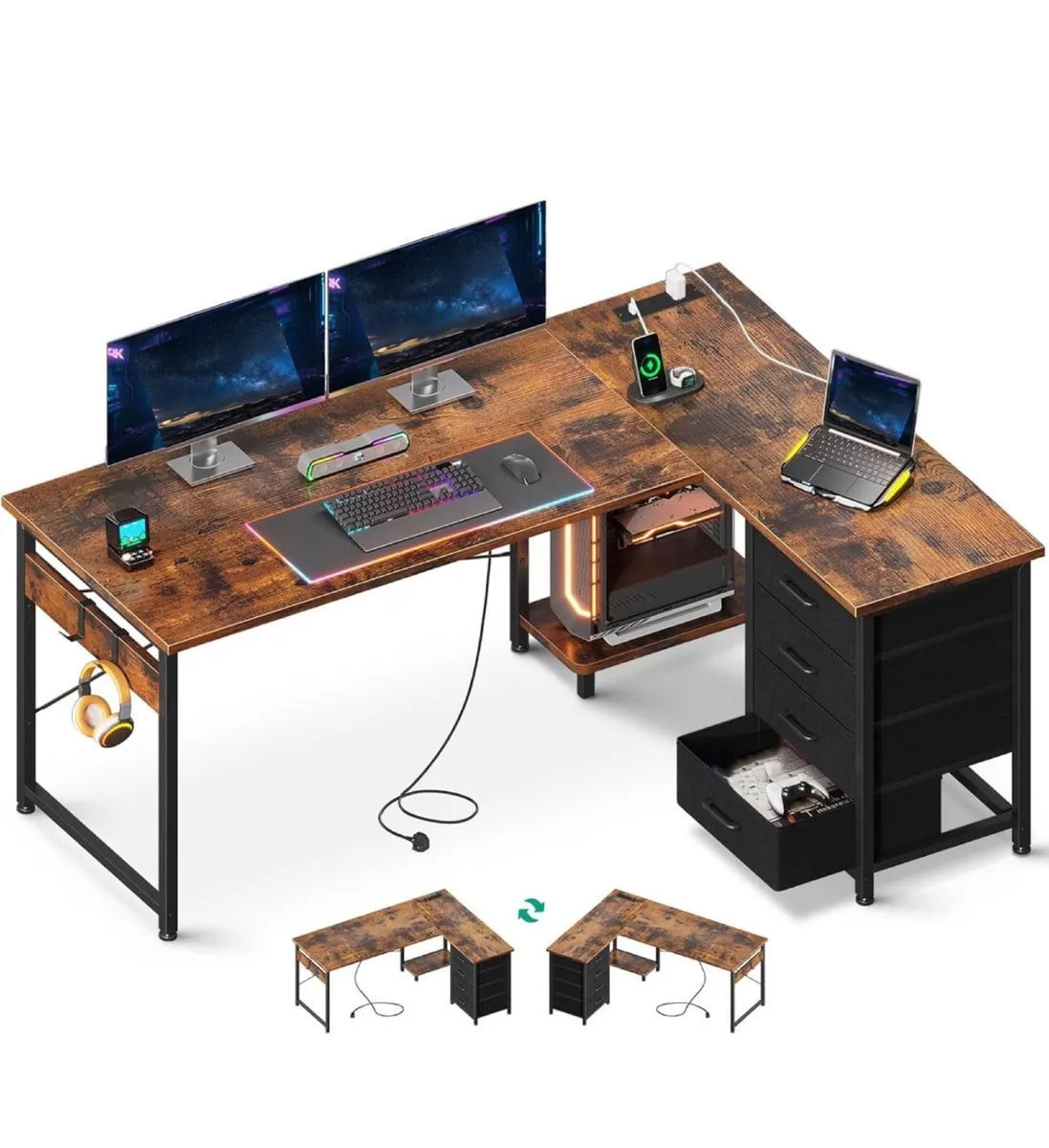 Corner Desk with Drawers, Reversible L Shaped Comp - Image 2