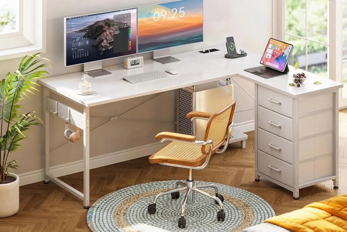 Corner Desk with Drawers, Reversible L Shaped Comp - Image 4