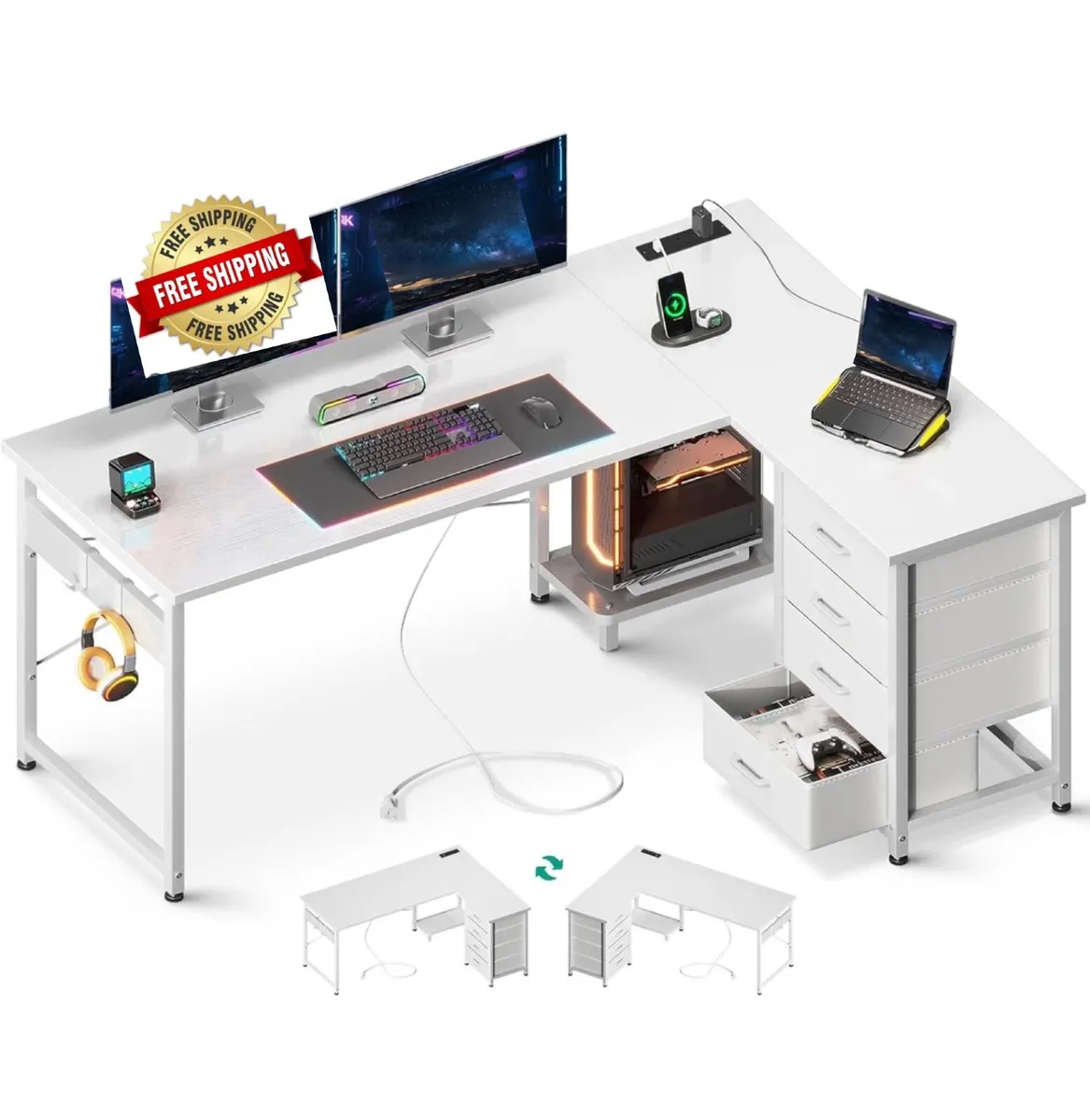Corner Desk with Drawers, Reversible L Shaped Comp - Image 1