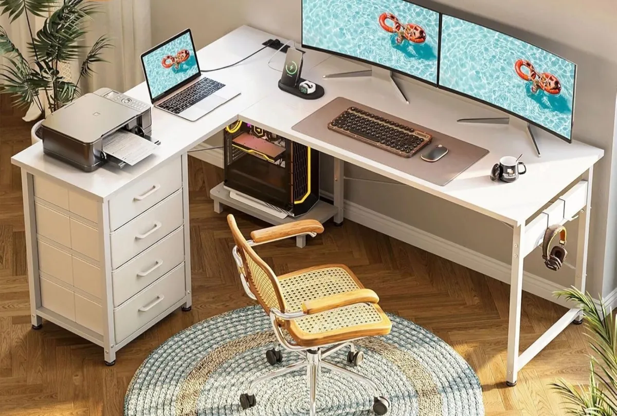 Corner Desk with Drawers, Reversible L Shaped Comp - Image 1