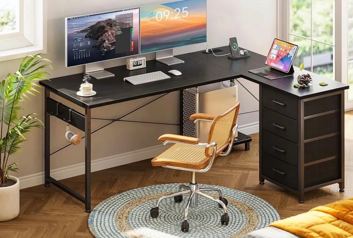 Corner Desk with Drawers, Reversible L Shaped Comp - Image 4