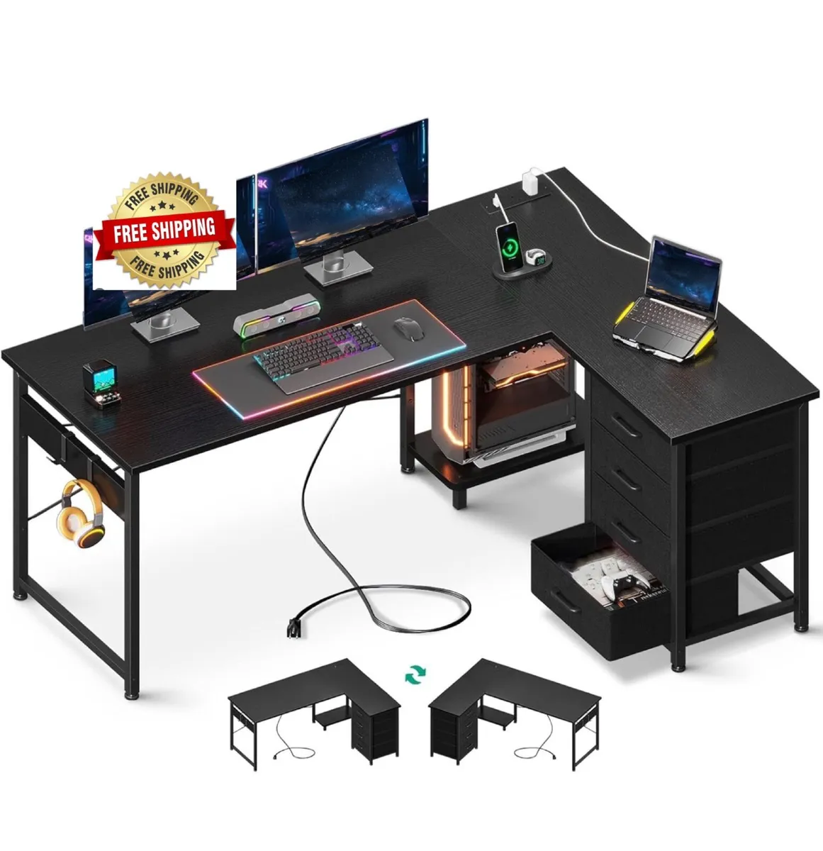 Corner Desk with Drawers, Reversible L Shaped Comp - Image 1