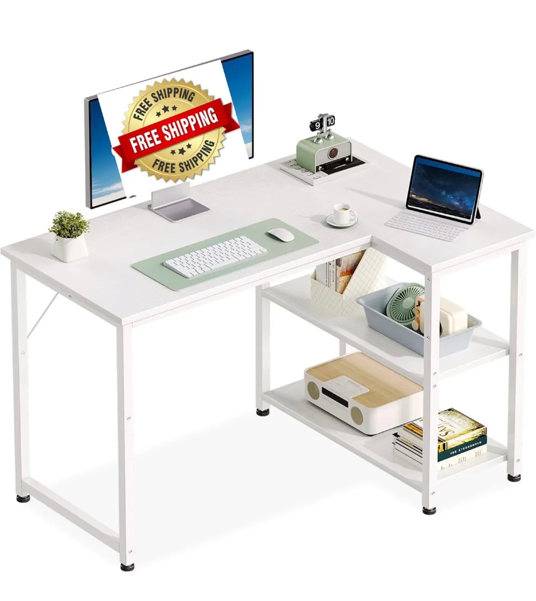 L Shaped Computer Desk, 100x70 cm Corner Desk, Off - Image 1