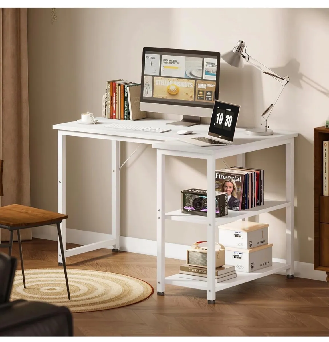 L Shaped Computer Desk, 100x70 cm Corner Desk, Off - Image 1